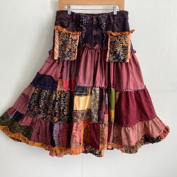 Upcycled Boho Tiered Jean Top Ruffled Hem Raw Edge Patchwork Midi Skirt Med to L - Picture 2 of 15